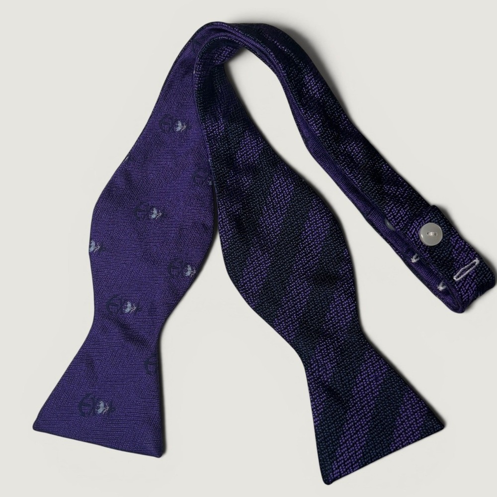 Brooks Brothers Silk Reversible Bow Tie Navy Purple Striped Fleece Logo USA Made